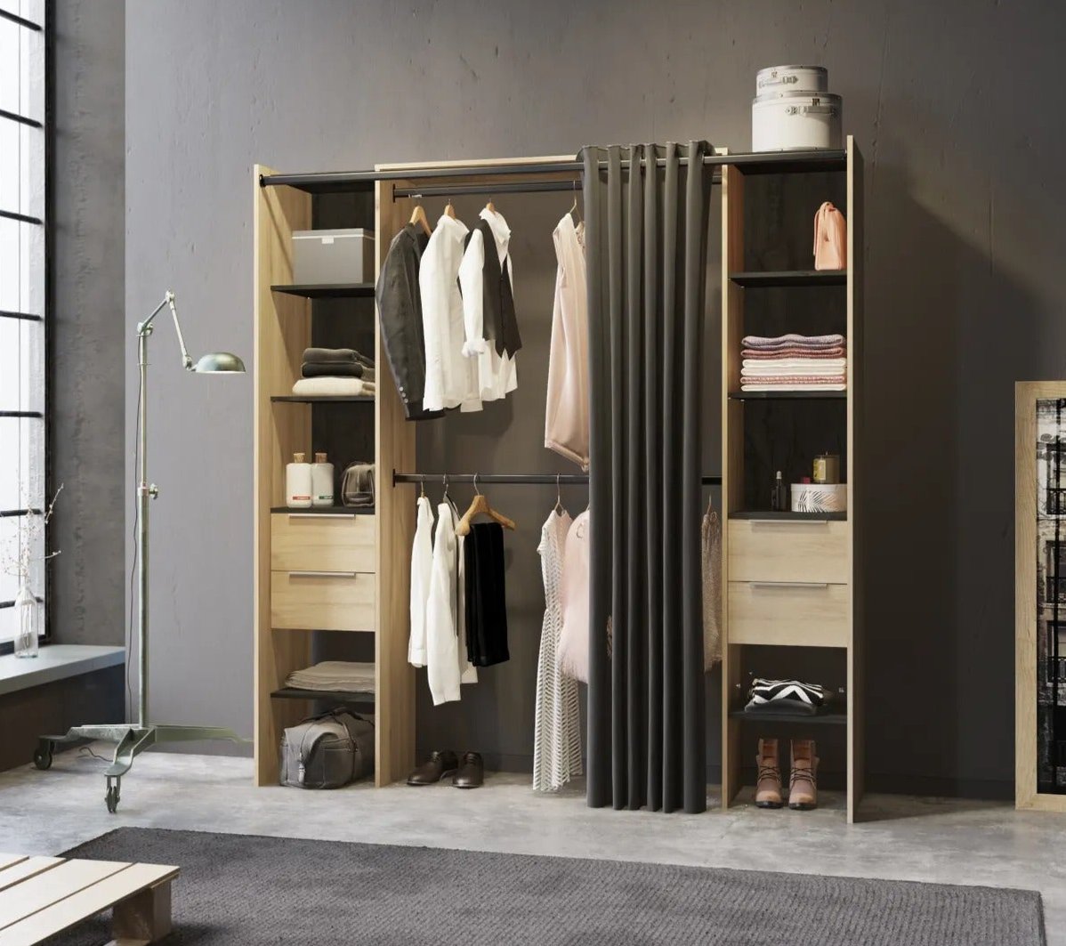 Ankleidezimmer DANA aus Eiche und Schwarzimitat, ausziehbar von 115 bis 190 cm