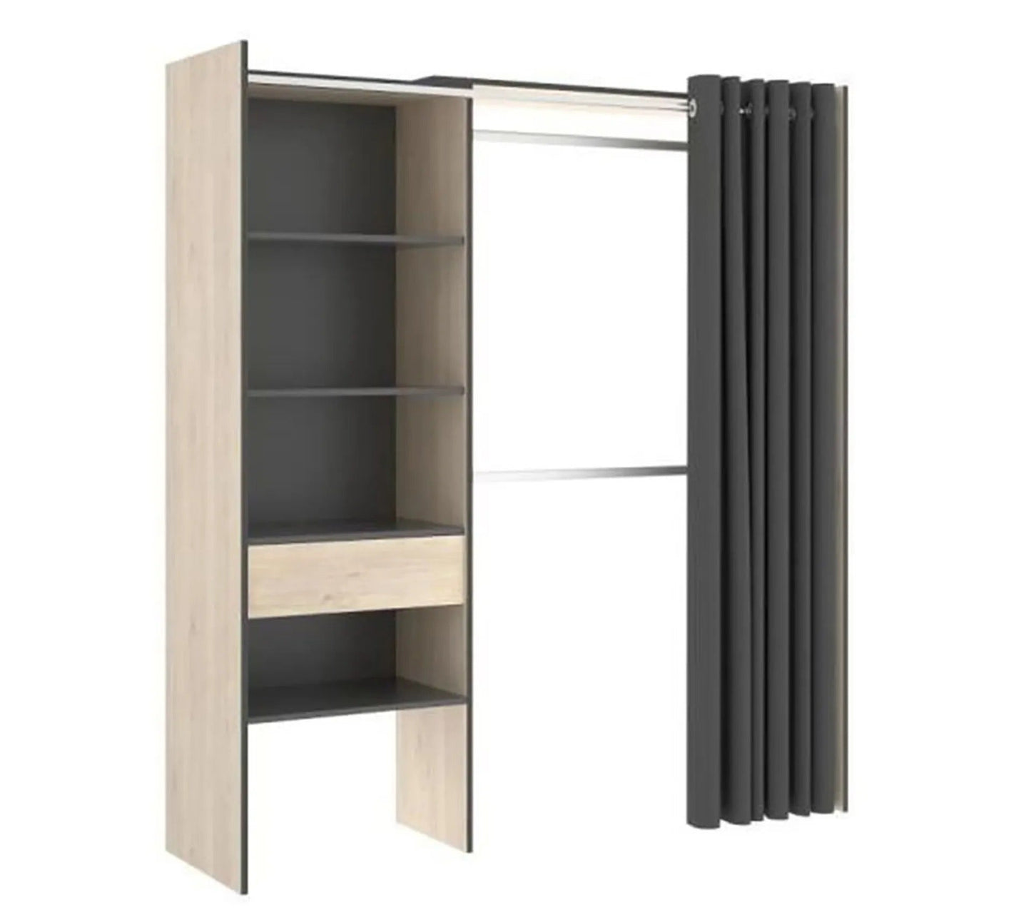 Armoire Dressing Extensible Avec Rideau + 1 Tiroir - L. 110-160 X H. 203 X P. 50 Cm