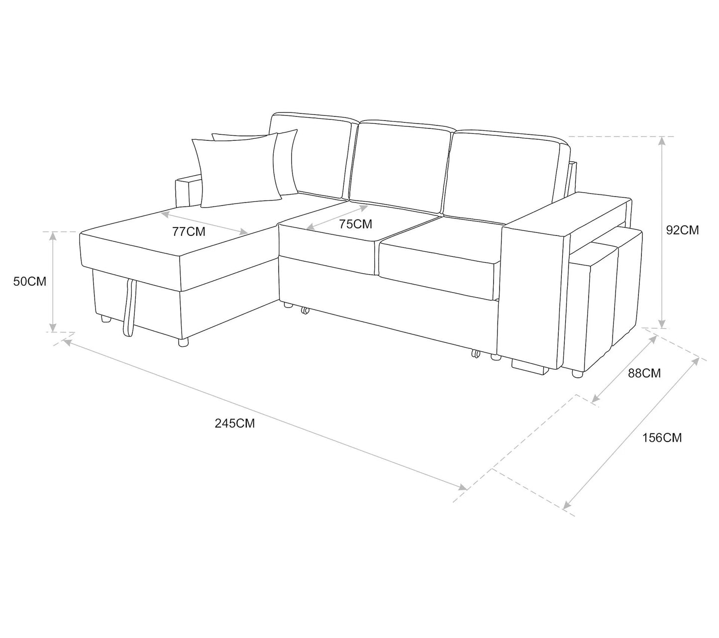 Canapé d'angle gauche convertible avec coffre EVERY tissu gris foncé et gris clair