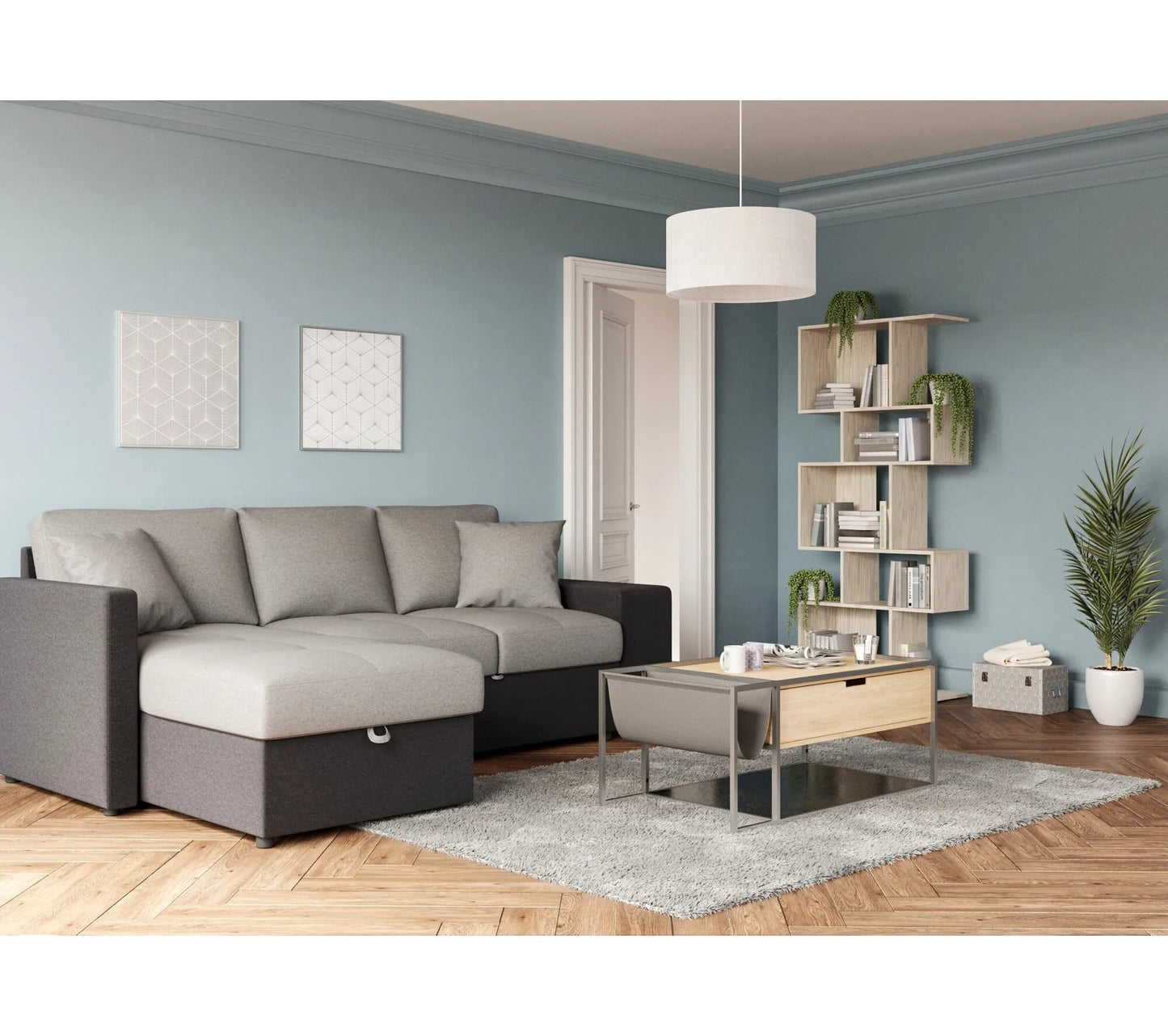 Canapé d'angle gauche convertible avec coffre EVERY tissu gris foncé et gris clair