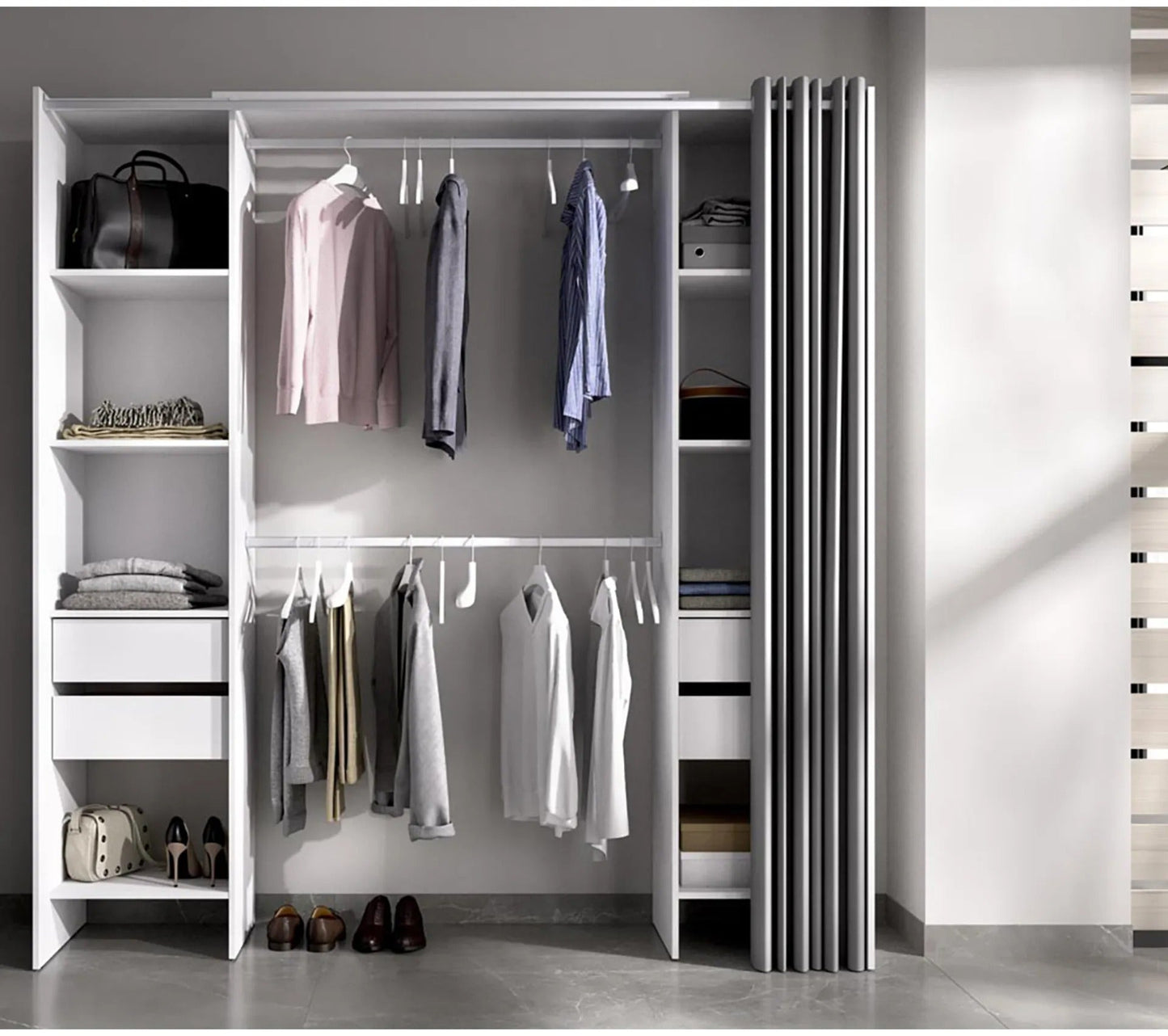 Armoire Dressing Extensible Avec Rideau + 4 Tiroirs Coloris Blanc - L. 100-180 X H. 203 X P. 50 Cm