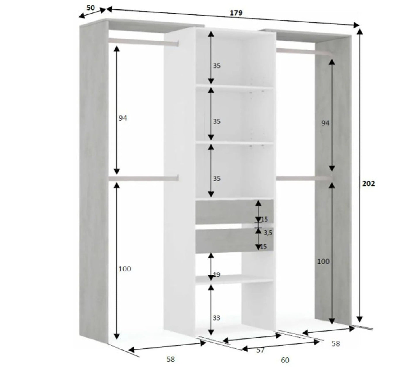 Ankleide-Arrangement Weiß/Heller Beton - Kiyin - L 179 XL 50 XH 202 cm