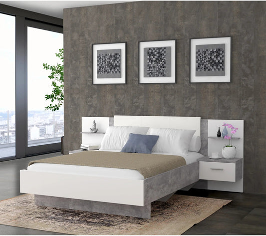 Cama 140x190 cm GINGER 2 mesitas de noche colgantes Gris claro y blanco mate