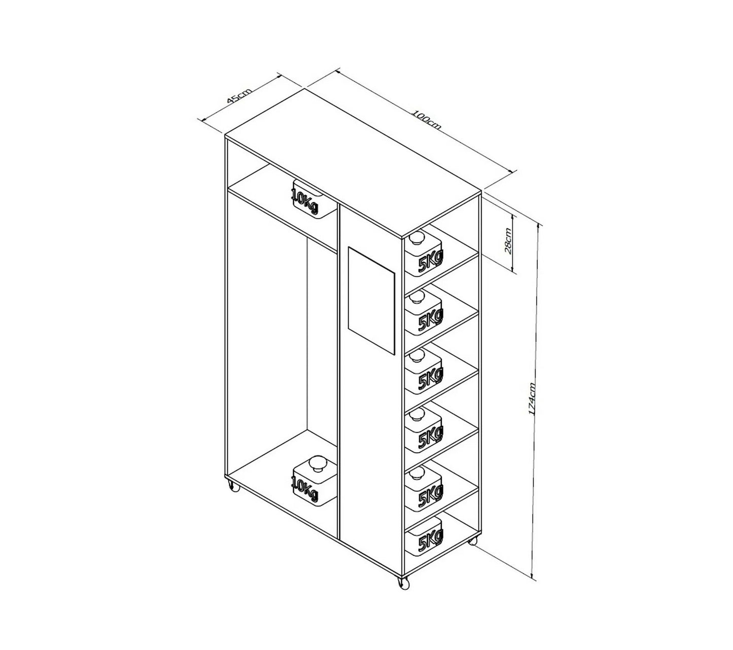 Meuble Dressing Penderie Blanc 8 Niches Miroir Roulettes L 100 H 174 P 45 Cm