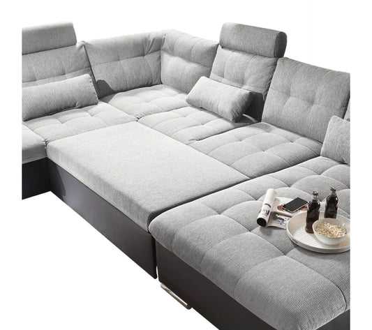 Linkes Panorama-Sofa JAKARTA umwandelbar aus hellgrauem Stoff und PU/PVC