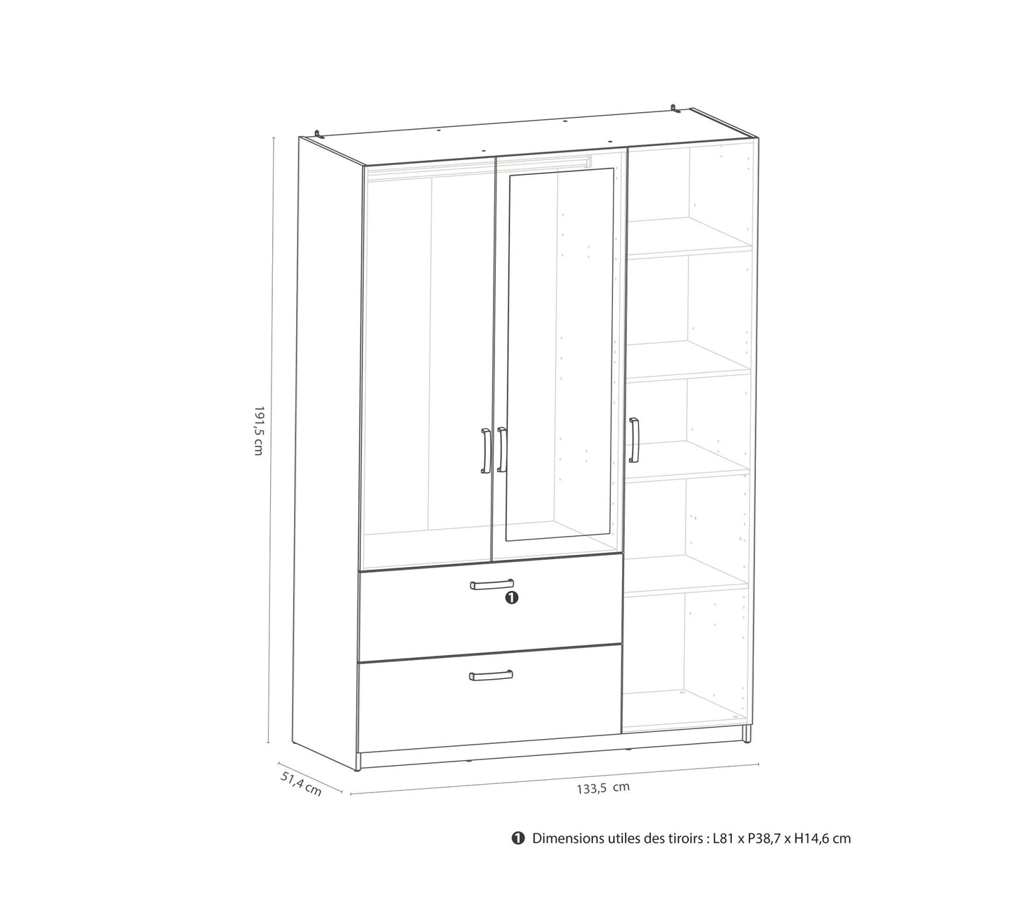 Armoire 3 portes 2 tiroirs L.134 cm READY imitation chêne kronberg et ardoise