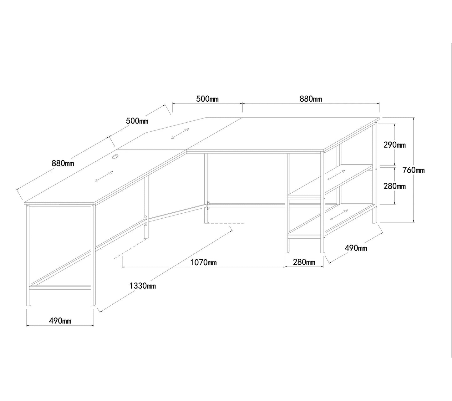 Bureau d'angle avec USB WORK imitation chêne et métal noir