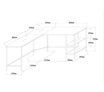 Bureau d'angle avec USB WORK imitation chêne et métal noir