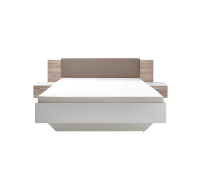 Cama de 160x200 cm con mesitas de noche colgantes GRAVITA roble y símil blanco