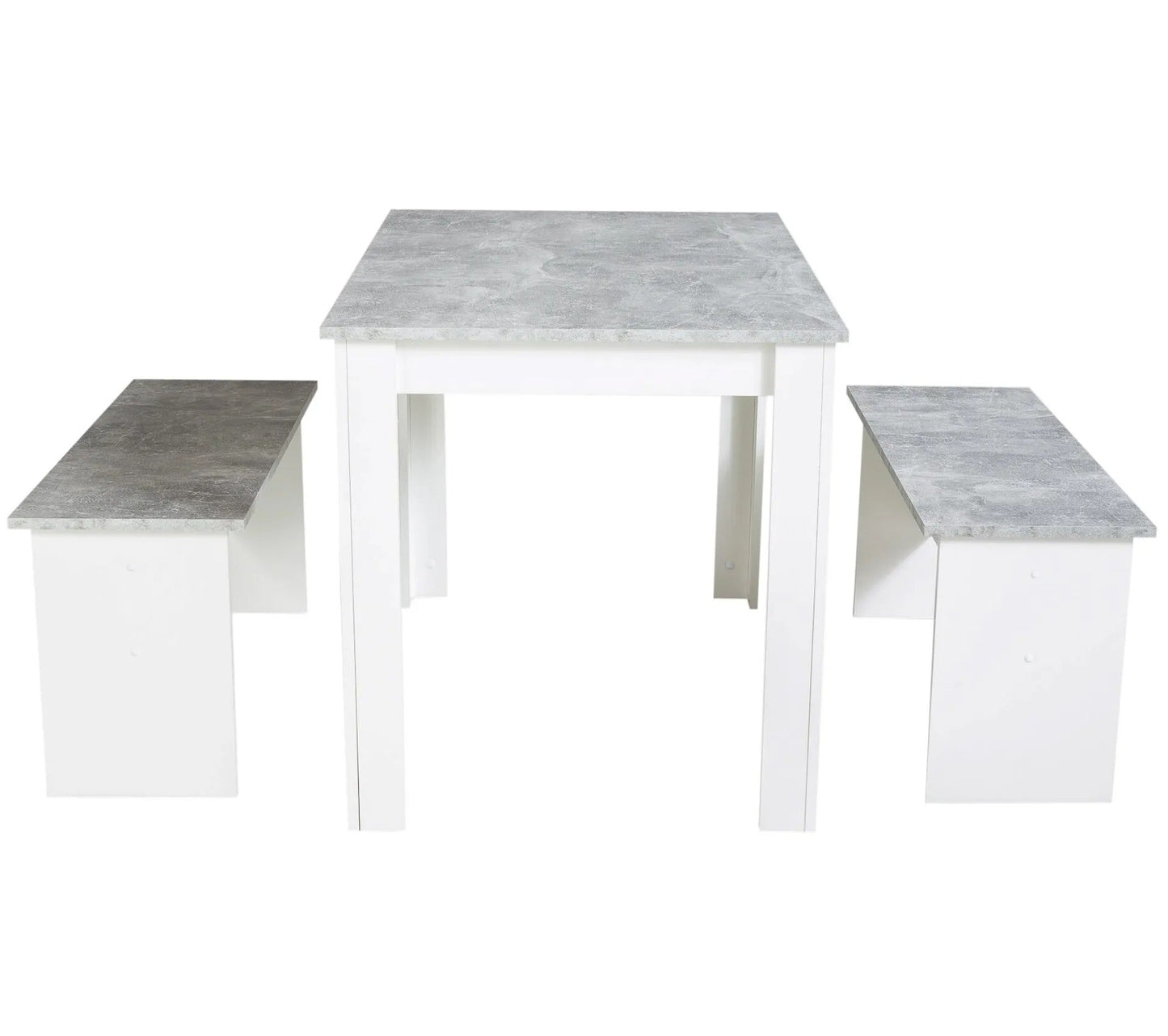 Conjunto de mesa de comedor y 2 bancos de diseño PASTA Blanco y imitación hormigón