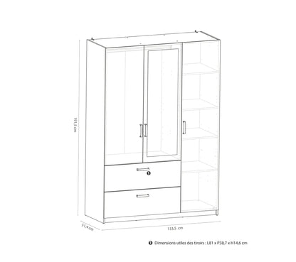 Armoire 3 portes 2 tiroirs L.134 cm READY imitation chêne kronberg et blanc