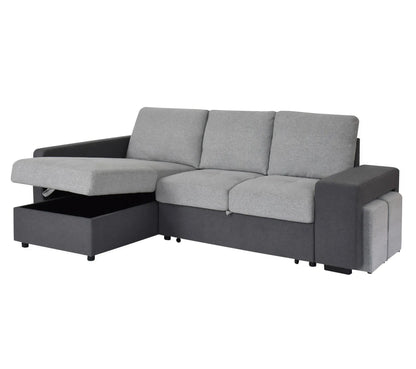 Canapé d'angle gauche convertible avec coffre EVERY tissu gris foncé et gris clair