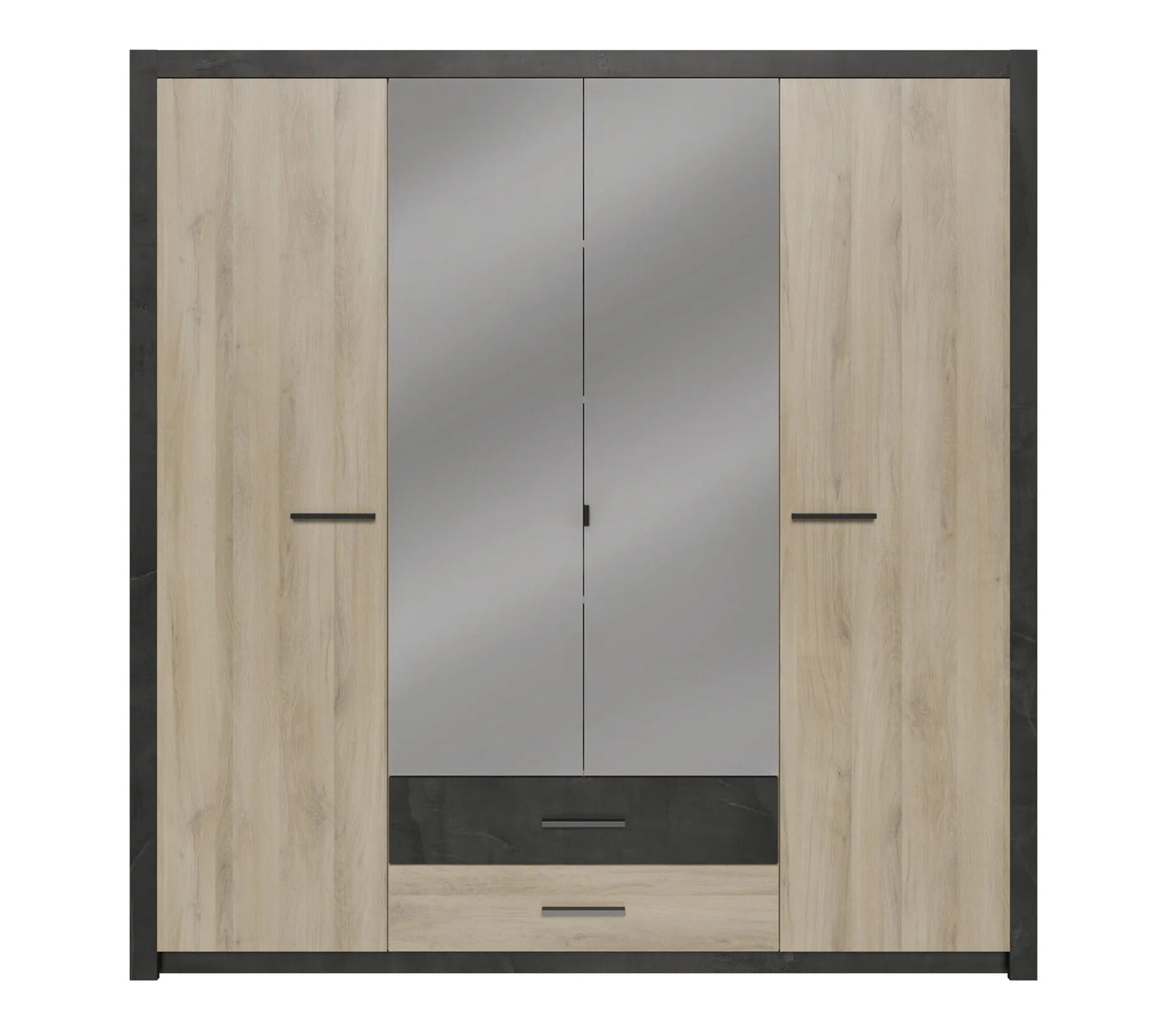 Armoire 4 portes avec miroir COLO lingère et penderie imitation chêne et noir