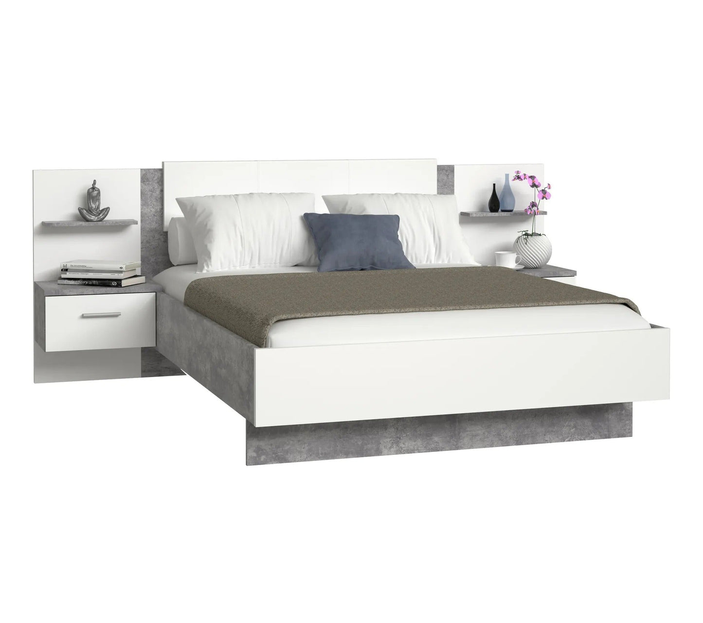 Cama 140x190 cm GINGER 2 mesitas de noche colgantes Gris claro y blanco mate