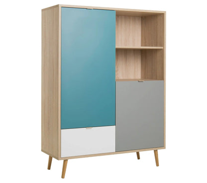 Buffet haut scandinave ARUBA Chêne, bleu, gris et blanc