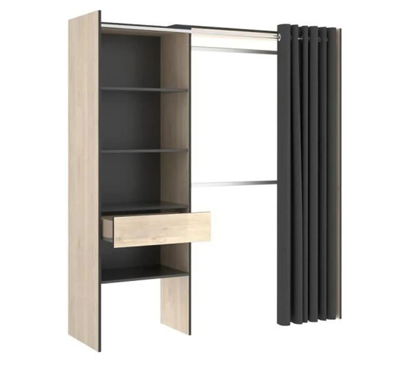 Armoire Dressing Extensible Avec Rideau + 1 Tiroir - L. 110-160 X H. 203 X P. 50 Cm