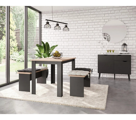 Conjunto de mesa de comedor y 2 bancos PASTA negro y símil roble