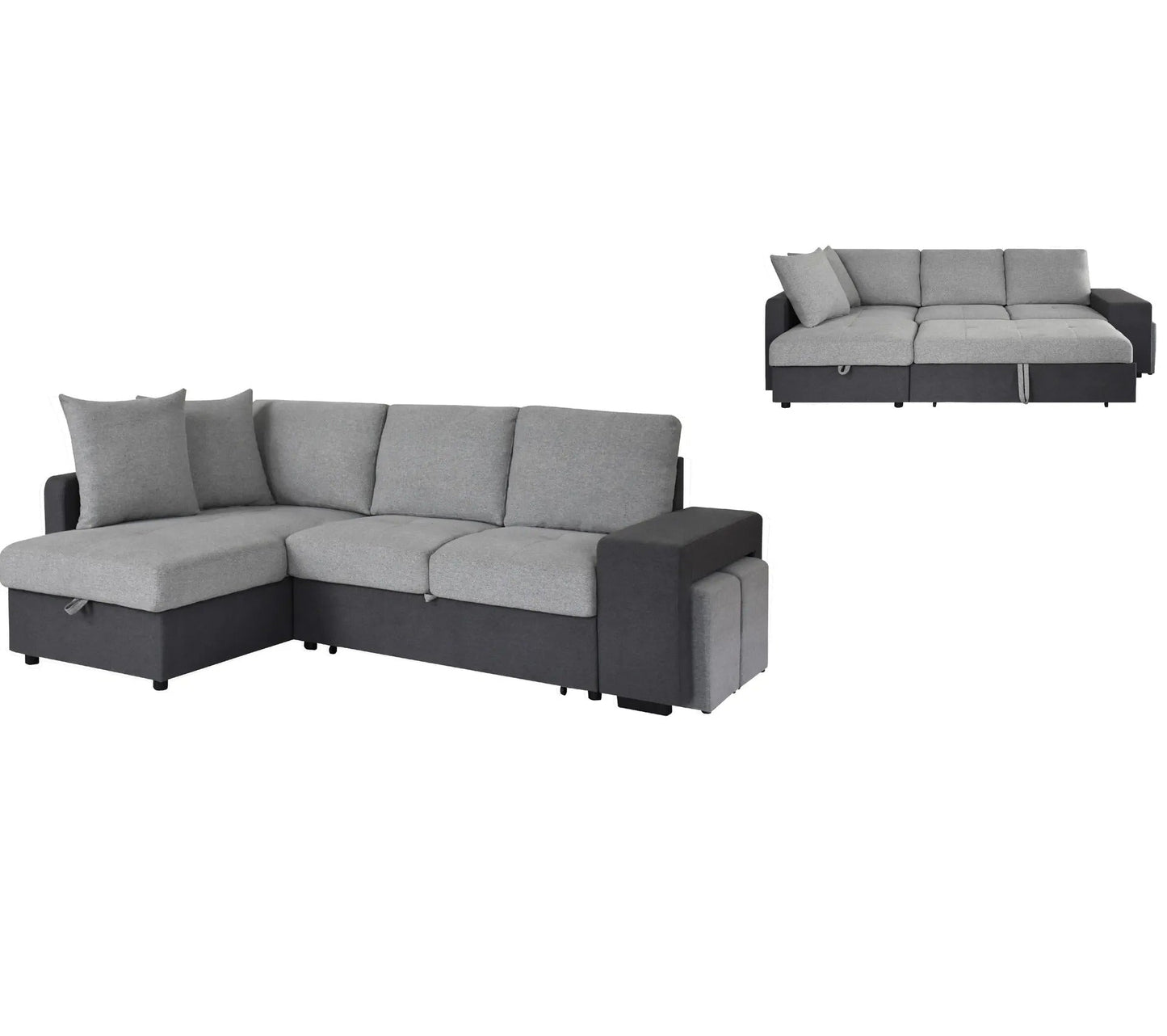 Canapé d'angle gauche convertible avec coffre EVERY tissu gris foncé et gris clair