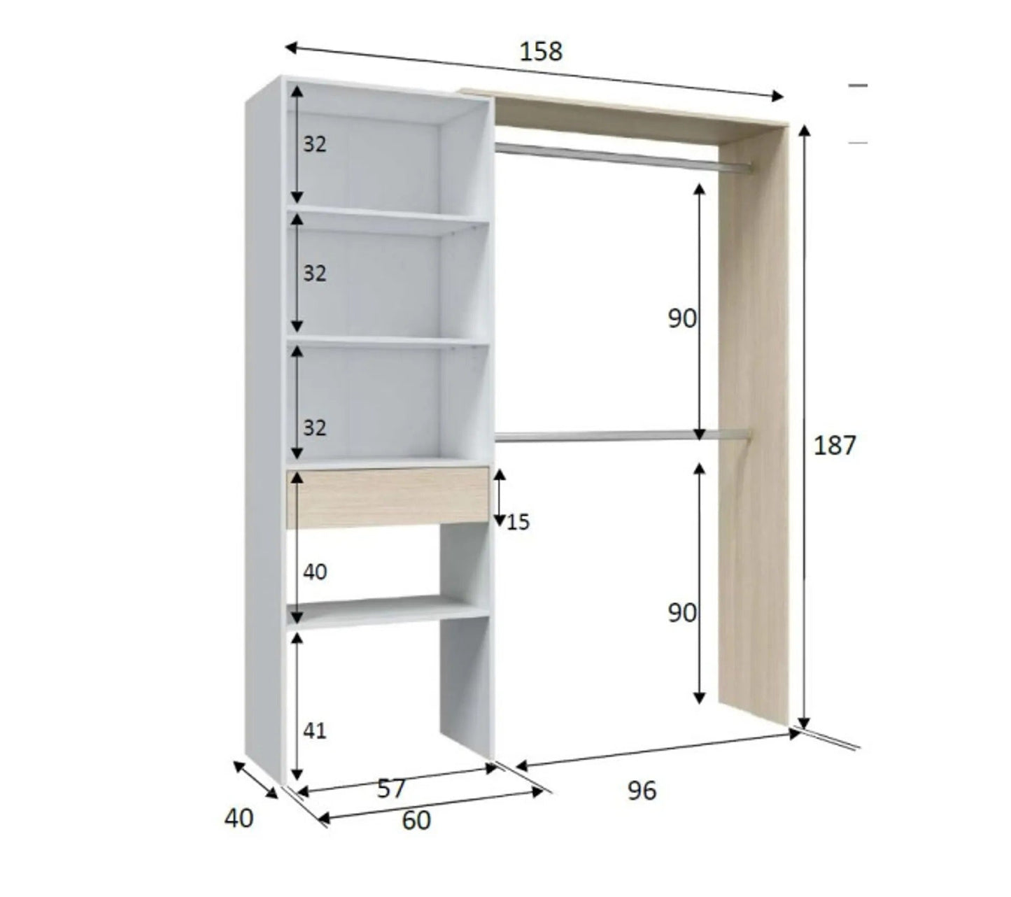 Wende-Dressing-Setup Weiß/Eiche – Daji – L 158 XL 40 XH 187 cm