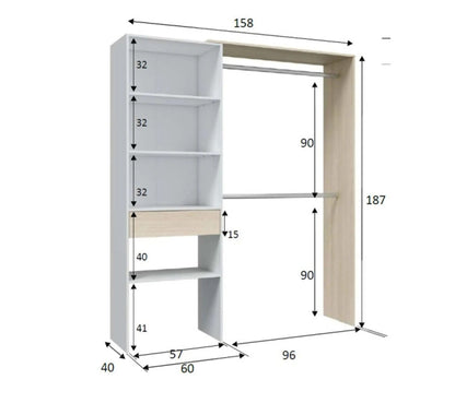 Configuración de vestidor reversible Blanco/roble - Daji - L 158 XL 40 XH 187 Cm