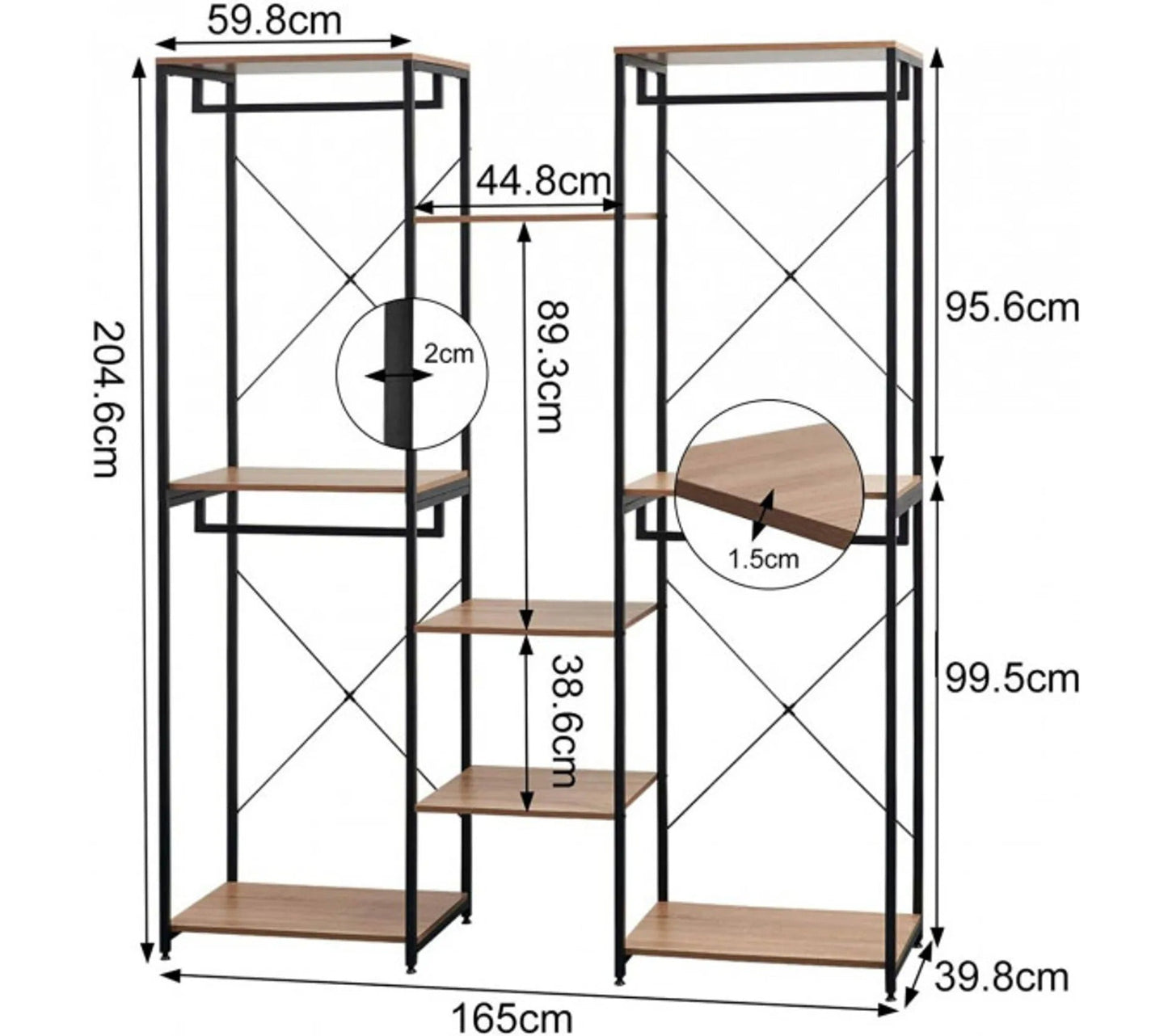 Portant.meuble Rangement Pour Vêtements.penderie Ouverte En Acier+mdf.chêne+noir.165x39.8x204.6cm