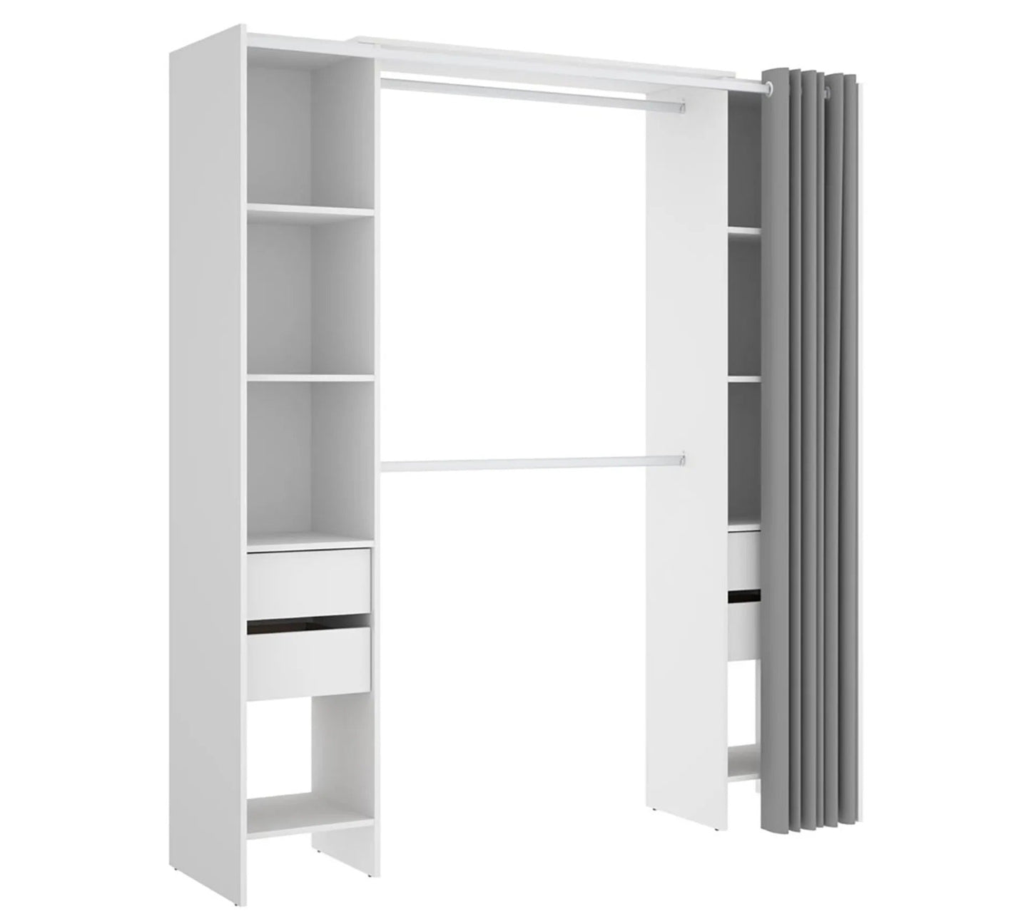 Armoire Dressing Extensible Avec Rideau + 4 Tiroirs Coloris Blanc - L. 100-180 X H. 203 X P. 50 Cm