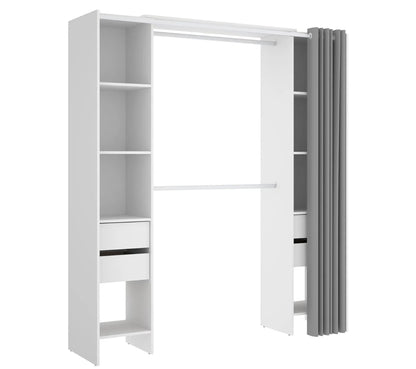 Armoire Dressing Extensible Avec Rideau + 4 Tiroirs Coloris Blanc - L. 100-180 X H. 203 X P. 50 Cm