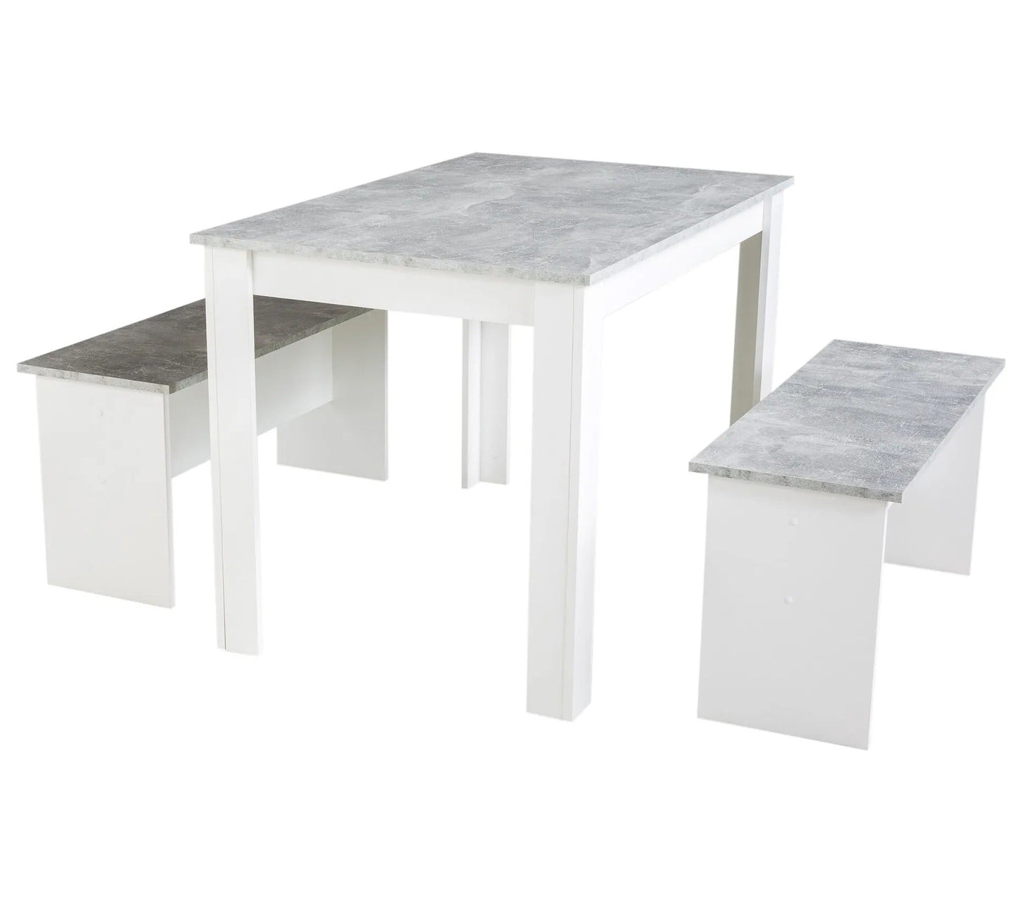 Conjunto de mesa de comedor y 2 bancos de diseño PASTA Blanco y imitación hormigón