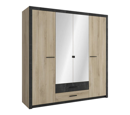 Armoire 4 portes avec miroir COLO lingère et penderie imitation chêne et noir