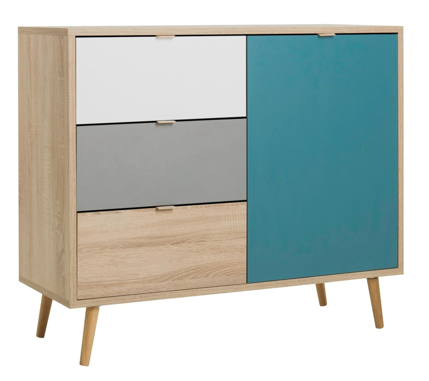 Rangement scandinave ARUBA Chêne, gris, bleu et blanc