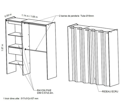 Armoire dressing extensible avec rideau MOKA imitation chêne foncé wengé