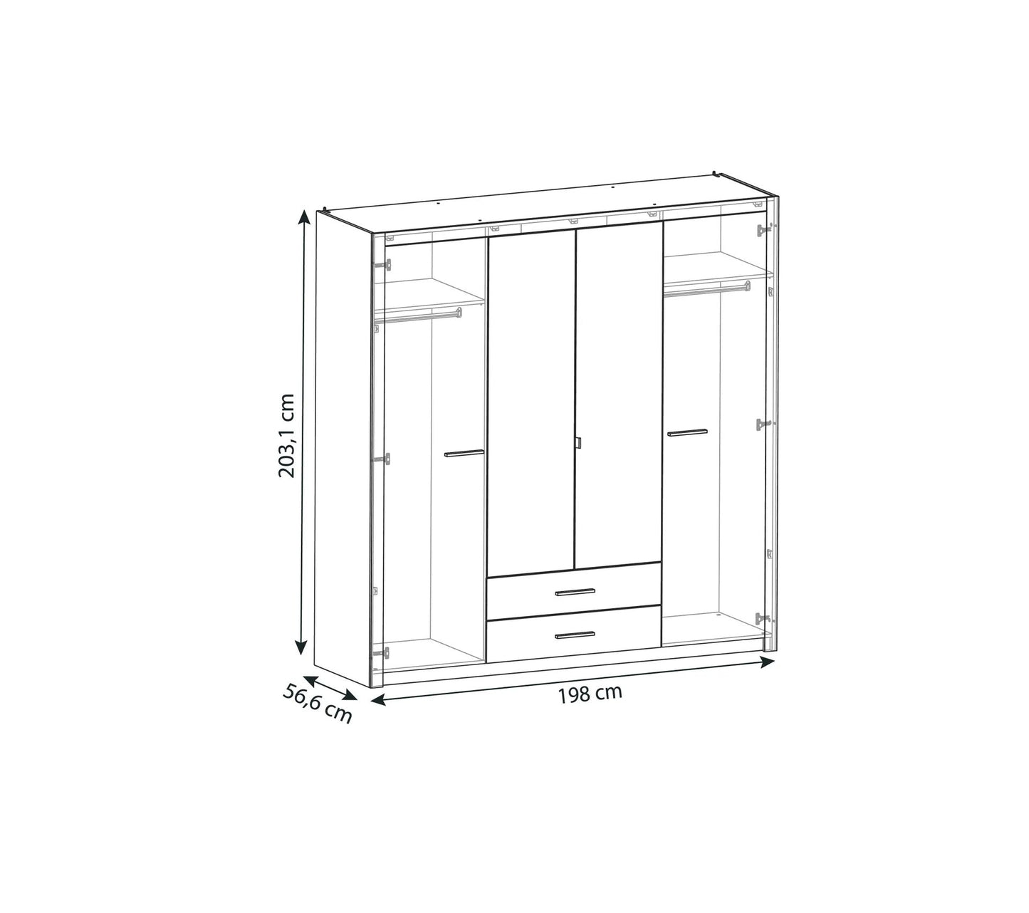 Armoire 4 portes avec miroir COLO lingère et penderie imitation chêne et noir