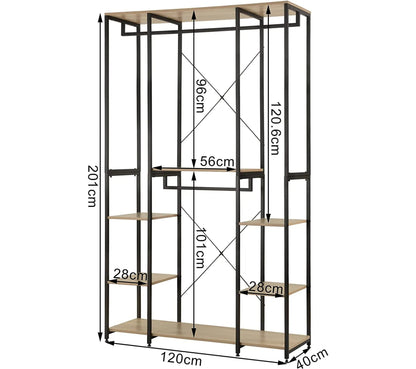 Portant Meuble Rangement Penderie En Acier+mdf.porte-vêtements 120x40x201cm.noir+chêne Clair