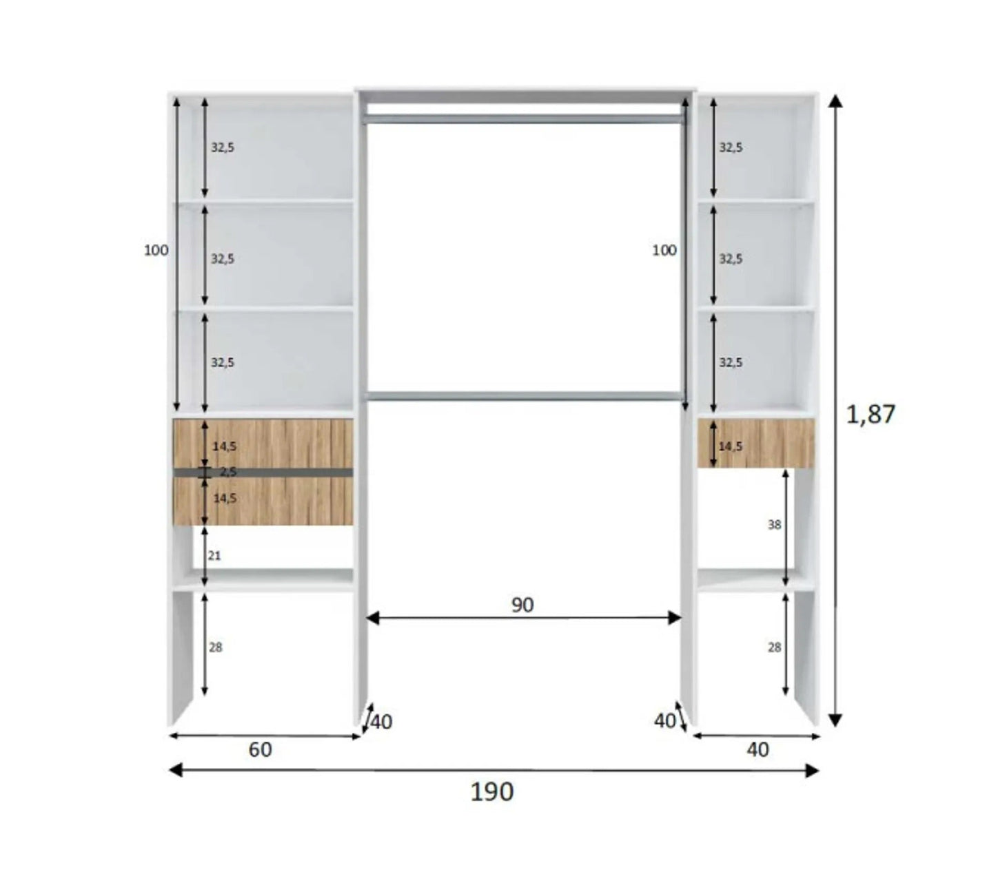 Aménagement De Dressing 3 Tiroirs Blanc/bois Clair - Yana - L 190 X L 40 X H 187 Cm