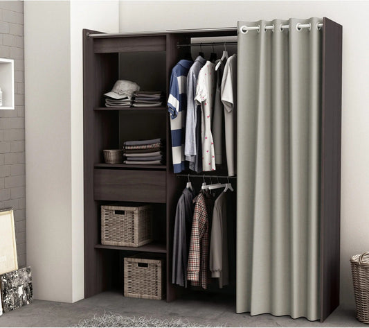 Armoire dressing extensible avec rideau MOKA imitation chêne foncé wengé