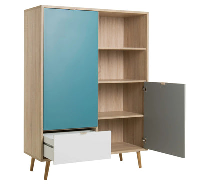 Buffet haut scandinave ARUBA Chêne, bleu, gris et blanc