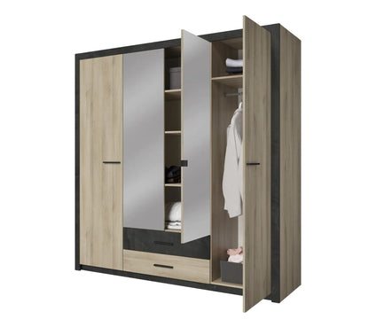 Armoire 4 portes avec miroir COLO lingère et penderie imitation chêne et noir