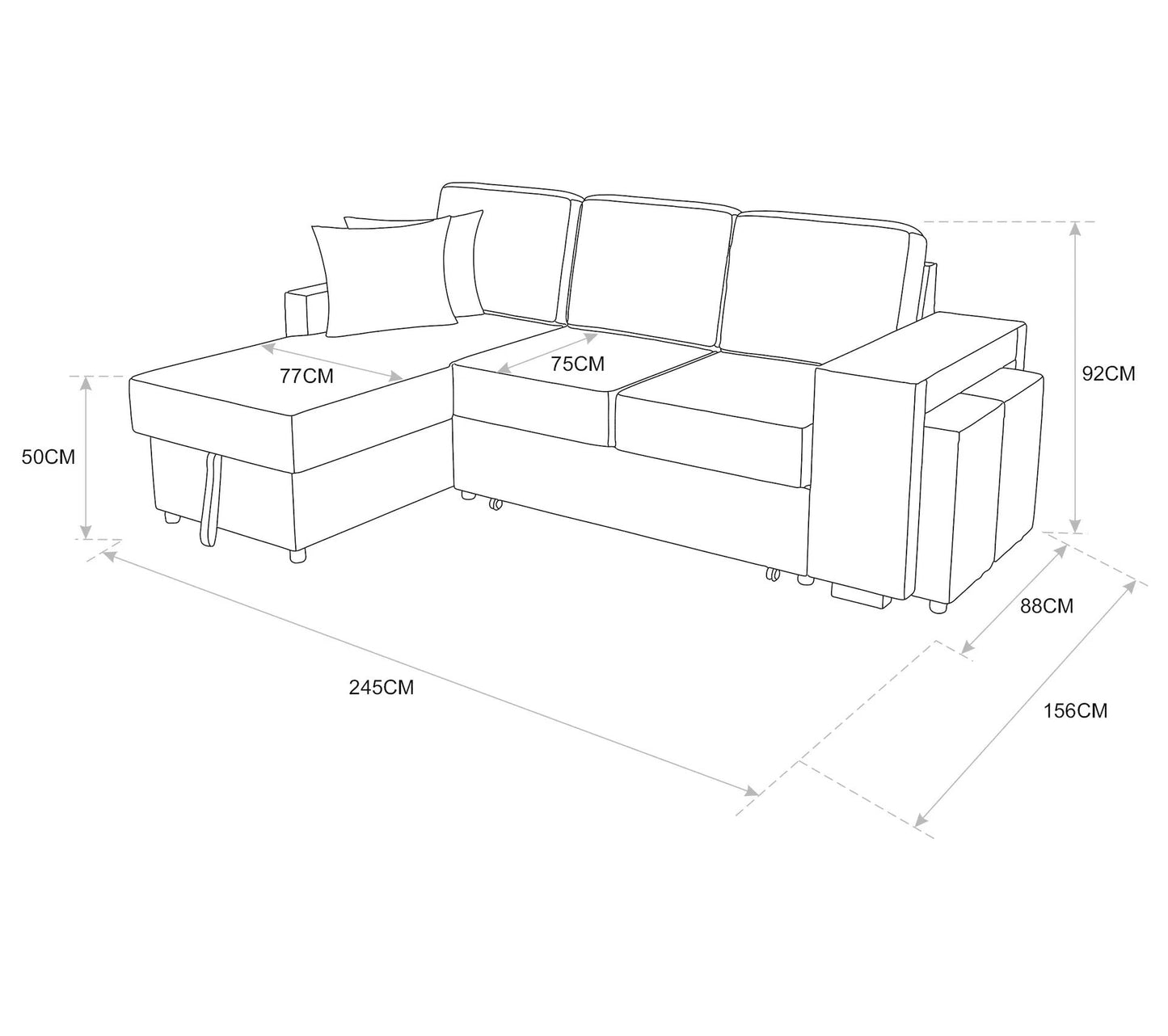 Canapé d'angle gauche convertible avec coffre EVERY tissu gris foncé et gris clair