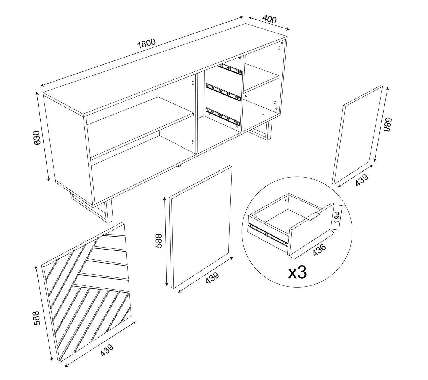 Sideboard 3 Türen 3 Schubladen 180 cm VANIA Eiche Nachbildung