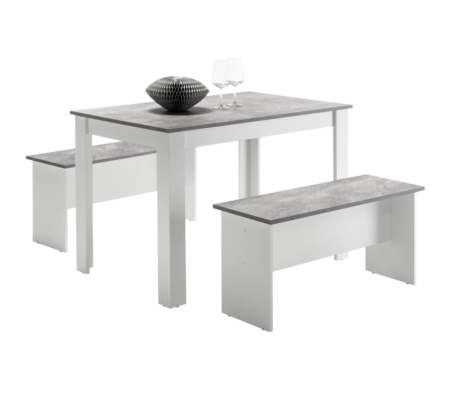 Conjunto de mesa de comedor y 2 bancos de diseño PASTA Blanco y imitación hormigón