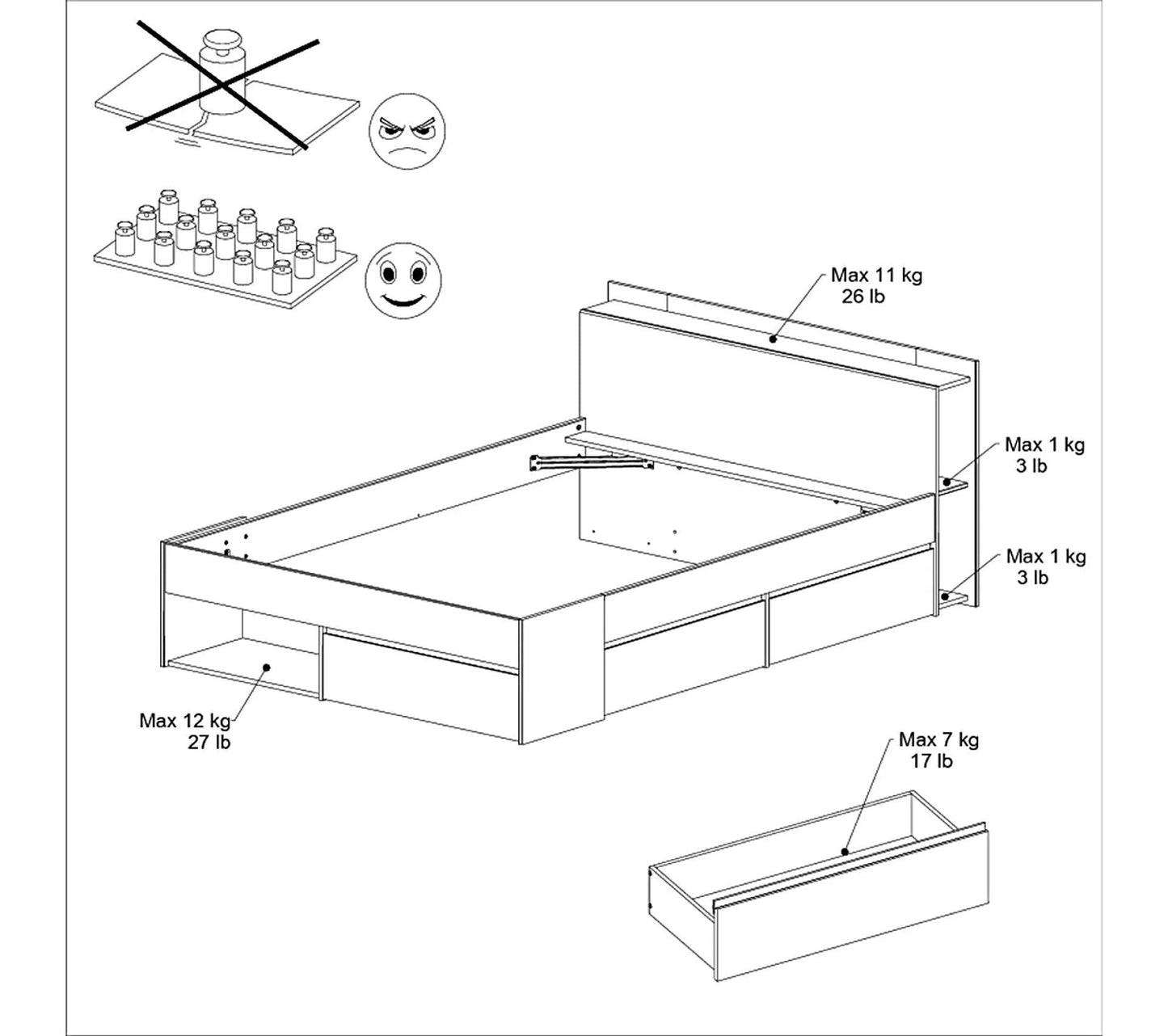 Lit 140x190/200 cm avec rangements PUZZLE imitation noyer et blanc