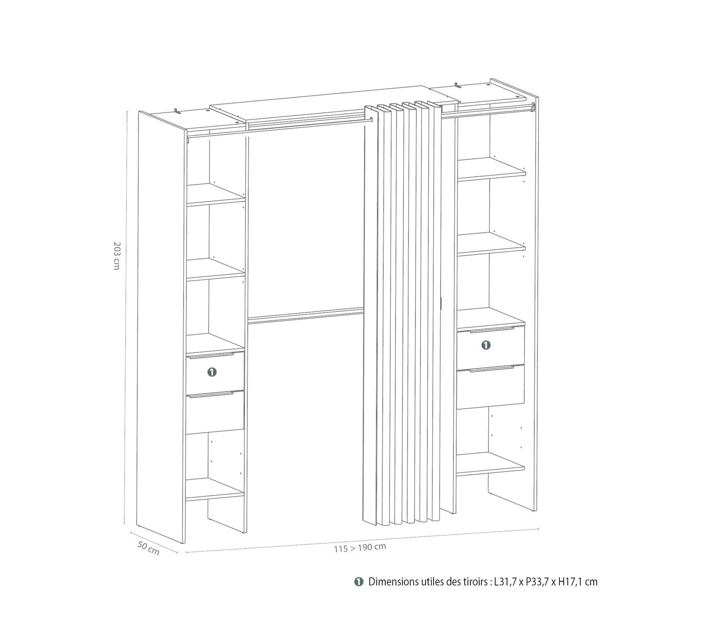 Ankleidezimmer DANA aus Eiche und Schwarzimitat, ausziehbar von 115 bis 190 cm