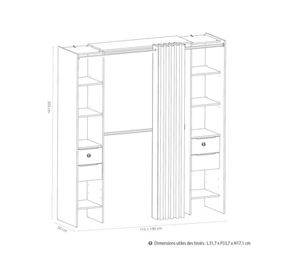 Ankleidezimmer DANA aus Eiche und Schwarzimitat, ausziehbar von 115 bis 190 cm