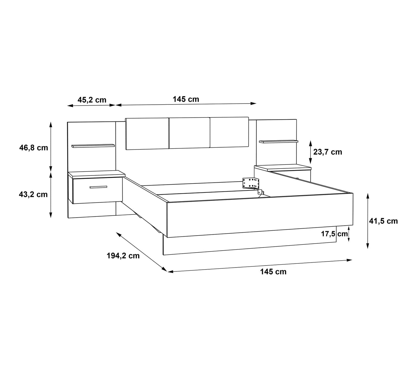 Bett 140x190 cm GINGER 2 hängende Nachttische Hellgrau und Mattweiß