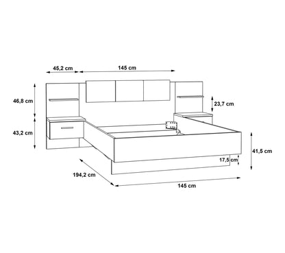 Bett 140x190 cm GINGER 2 hängende Nachttische Hellgrau und Mattweiß