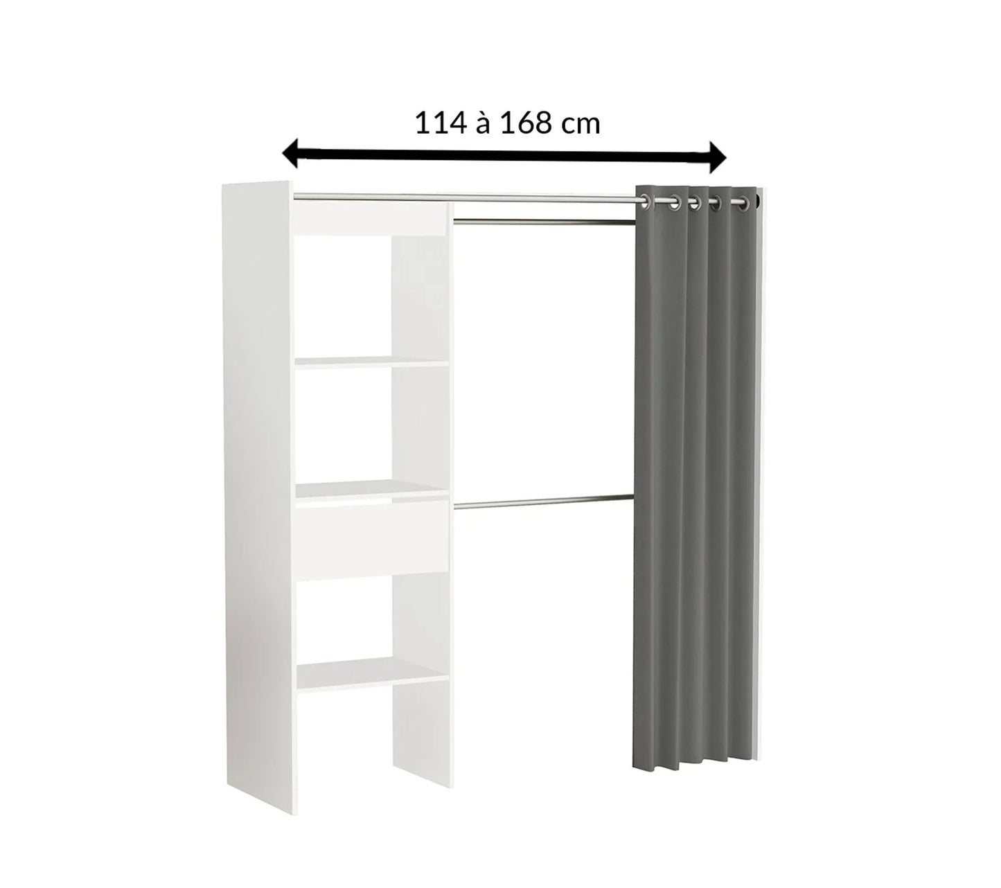 Armoire dressing extensible MOKA Blanc perle et rideau gris