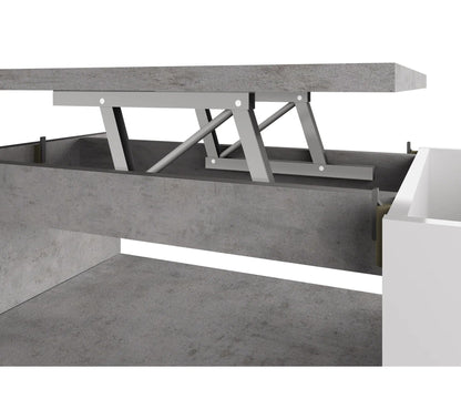 Table basse plateau relevable avec coffre DESPACITO Imitation béton et blanc