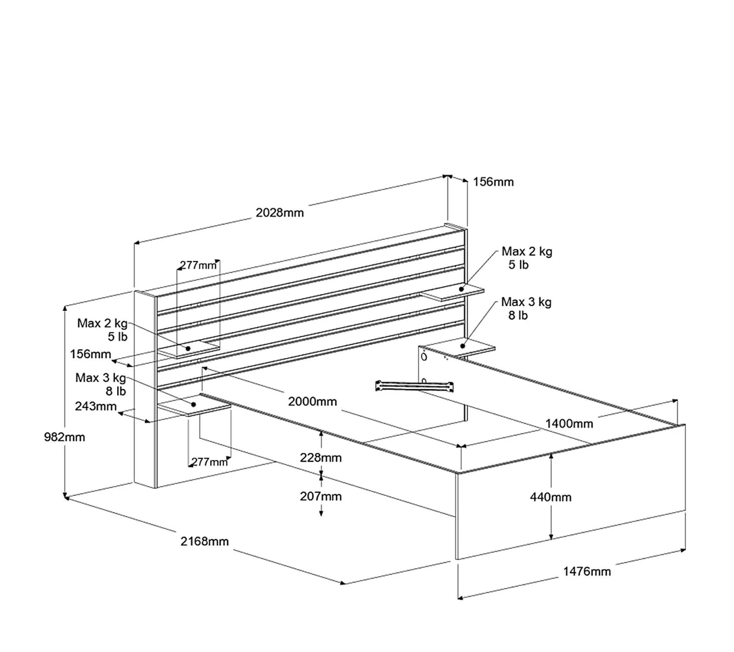 Bett + Schublade 140x190 oder 200 cm ESCALE 2 Eichennachbildung