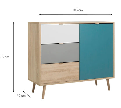 Rangement scandinave ARUBA Chêne, gris, bleu et blanc