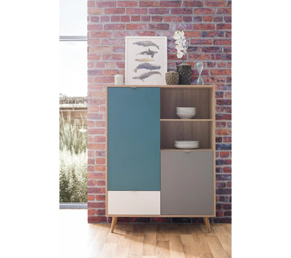 Buffet haut scandinave ARUBA Chêne, bleu, gris et blanc